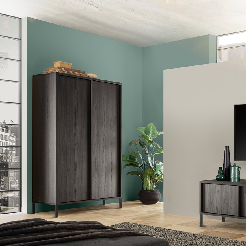 Moderne Design-Anrichte mit 2 Türen und 4 Fächern, schwarzes Holz Bogarde Steel Aktion