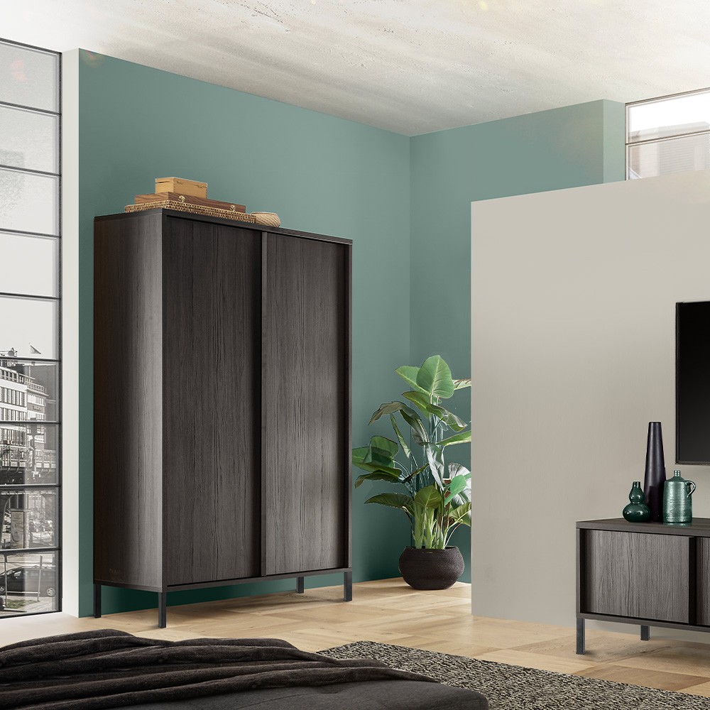 Moderne Design-Anrichte mit 2 Türen und 4 Fächern, schwarzes Holz Bogarde Steel