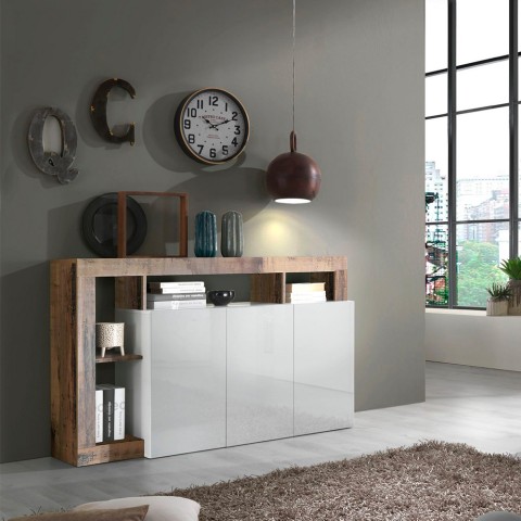 Moderne Wohnzimmer Anrichte Holz 3 Türen Hochglanz Weiß 146cm Hailey BP Aktion