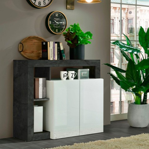 Moderne Hochglanz-Kommode Reva BX im Wohnzimmer, Weiß mit 2 schwarzen Türen Aktion