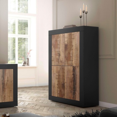 Industrielles Design Sideboard 4 Türen, matt-schwarz und Holz, Novia NP Basic Aktion