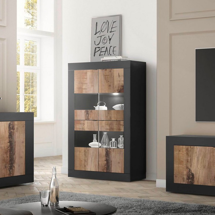 Industrie-Glasvitrine Wohnzimmer, 4 Türen, Schwarz, Holz, Modell Tina NP Basic Aktion Industrie-Glasvitrine Wohnzimmer, 4 Türen, Schwarz, Holz, Modell Tina NP Basic Aktion