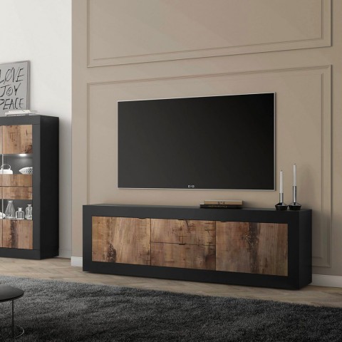 Industrieller TV-Schrank 210 cm, 2 Türen, 2 Schubladen, schwarzes Holz Visio NP Aktion