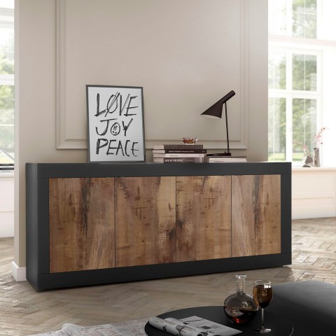 Industrie-Sideboard Altea NP mit 4 Türen in Schwarz Matt und Holz für Wohnzimmer/Küche Aktion