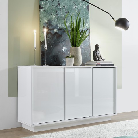 Dimas Ice Sideboard 3-Türer 138cm Hochglanz Weiß für Wohnzimmer und Küche Aktion