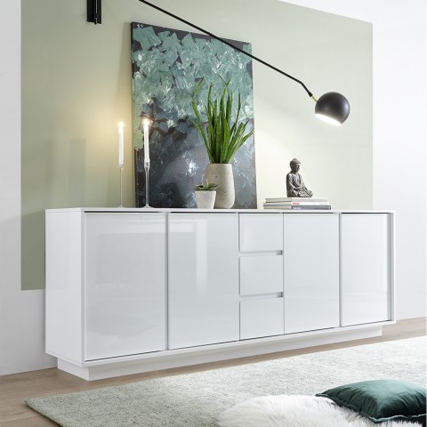 Moderne Anrichte 210cm, 4 Türen, 3 Schubladen, weiß hochglanz Maine Ice Aktion