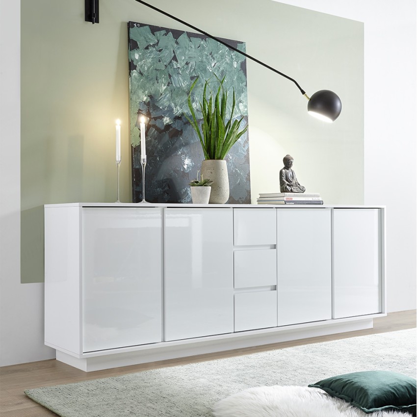 Moderne Anrichte 210cm, 4 Türen, 3 Schubladen, weiß hochglanz Maine Ice Aktion
