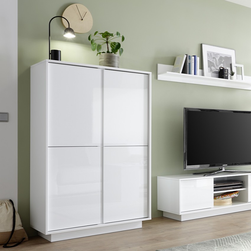 Moderne hohe Anrichte 4 Türen weiß hochglanz lackiert h145cm Joyce Ice Aktion