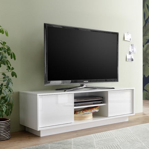 Mobiles TV-Gerät Wohnzimmer weiß glänzend modern 138cm 2 Türen Dener Ice. Aktion