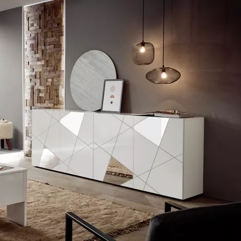 Sideboard für Wohnzimmer 4 Türen 241cm Hochglanz Weiß mit Spiegel Vittoria WH L Aktion