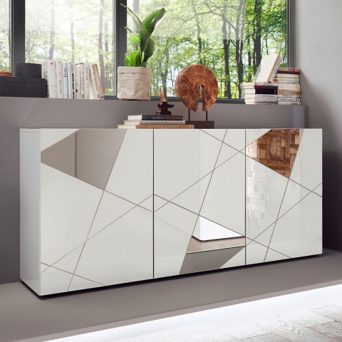 Moderne Hochglanz-Kommode weiß 181cm 3 Türen Spiegel Vittoria WH S Aktion