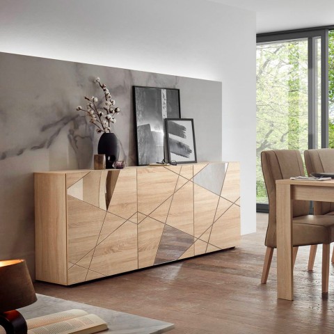 Moderne Wohnzimmersideboard mit 3 Eichenholztüren, Spiegeln und dem Modellnamen "Vittoria RS S". Aktion
