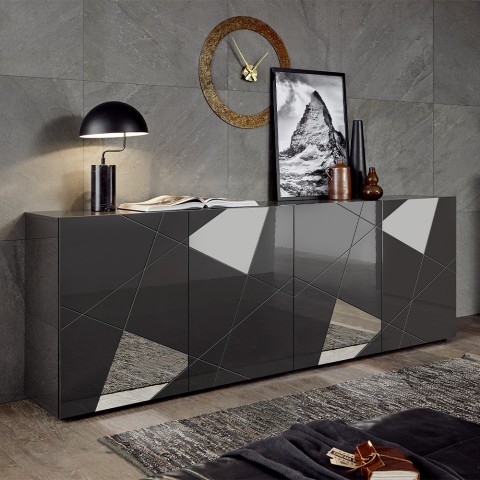 Moderne 4-türige Buffetkredenz in glänzendem Grau mit Spiegeln Vittoria GR L Aktion