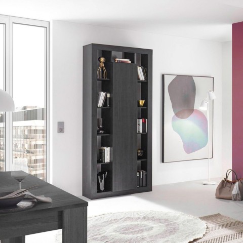 Moderne schwarze Standregal aus Holz, Höhe 217 cm, mit zentraler Tür Jote NR Aktion