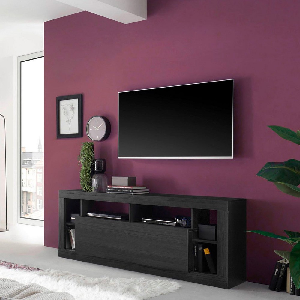 Moderne schwarze TV-Ständer mit Klapptür aus Holz und Rollen Misia NR.