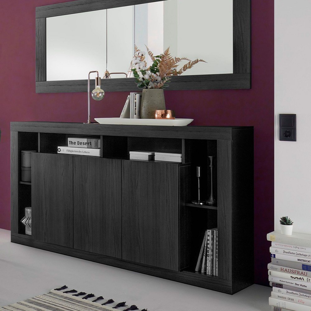 Sideboard Moderne Kommode Buffet aus schwarzem Holz 3 Türen 172cm Vivian NR