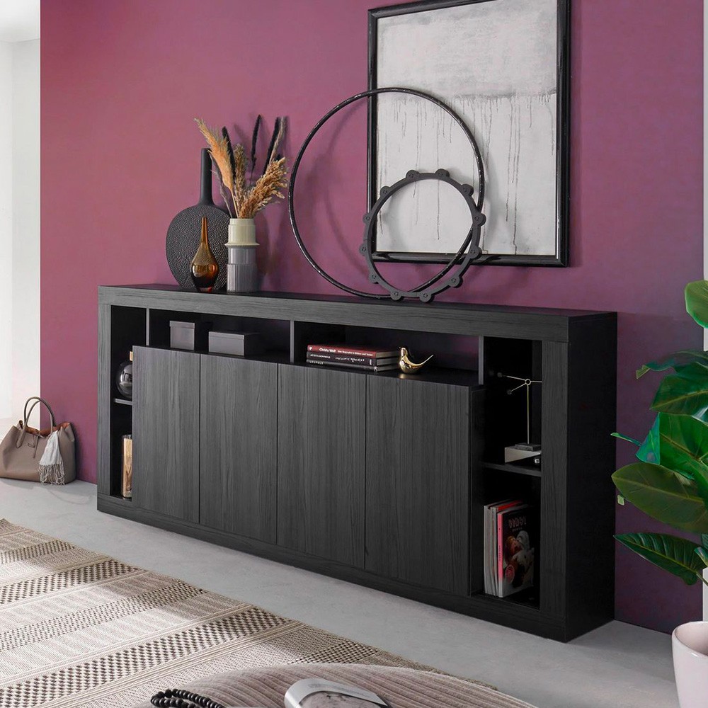 Wohnzimmerschrank modernes Design 4-türig in schwarzem Holz 210 cm Radis NR