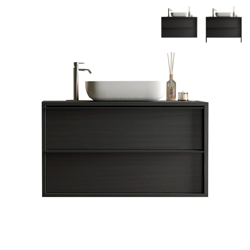 Moderner schwarzer Badezimmer-Waschtisch Bloom 92 mit 2 Schubladen, wandmontiert und bodenstehend Aktion Moderner schwarzer Badezimmer-Waschtisch Bloom 92 mit 2 Schubladen, wandmontiert und bodenstehend Aktion