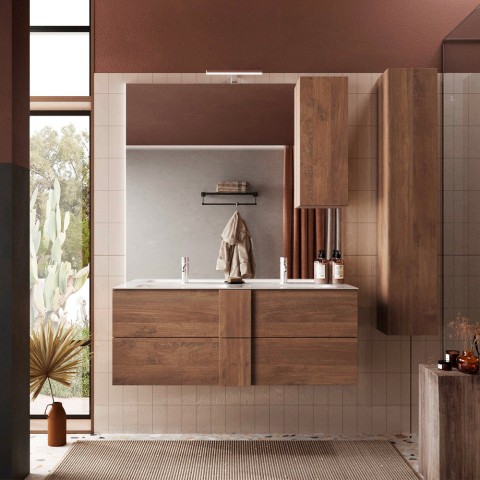 Mobiles Badezimmer aus doppelter Holzaufhängung mit 2 Schubladen und 2 Waschbecken 122x47x53cm Duet S. Aktion