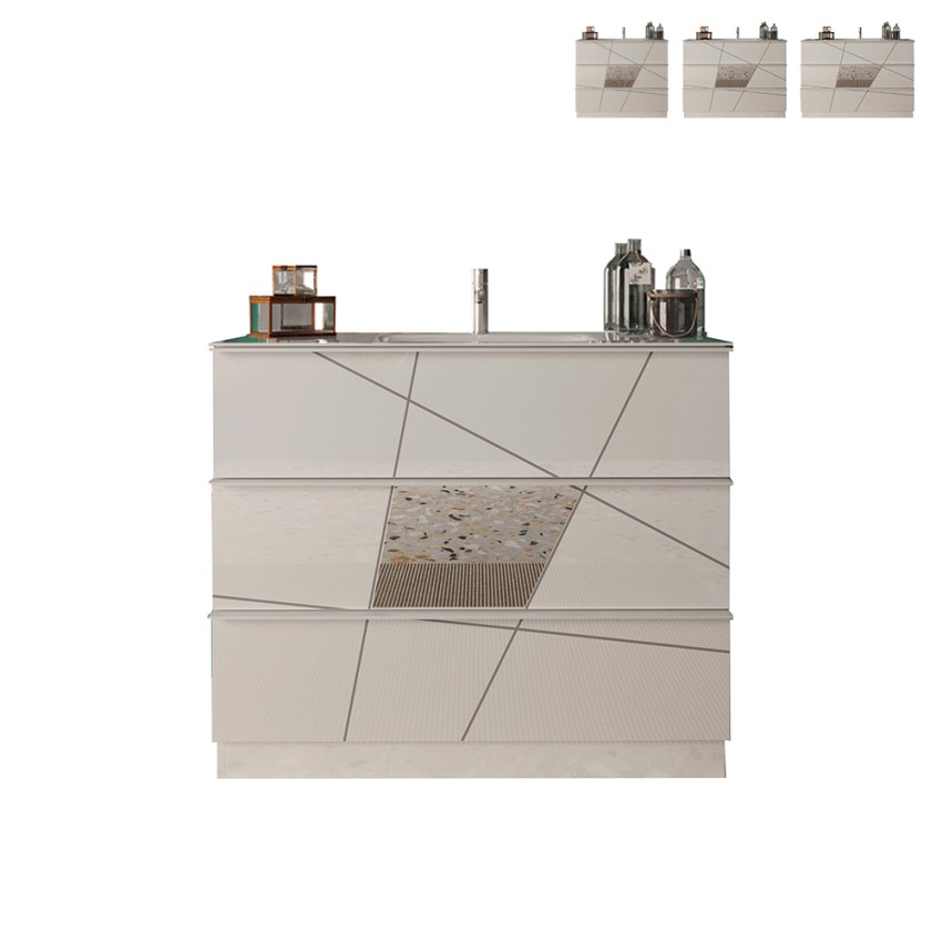 Badezimmerschrank mit Bodenmontage, hochglänzend weiß, 3 Schubladen und Waschbecken June Angebot Badezimmerschrank mit Bodenmontage, hochglänzend weiß, 3 Schubladen und Waschbecken June Angebot