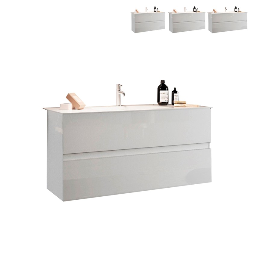 Modernes schwebendes Badezimmerset mit 2 Schubladen und glänzend weißem Waschbecken. Verkauf