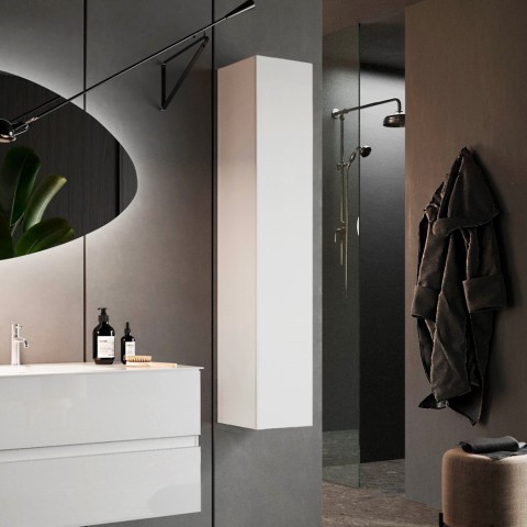 Moderner Badezimmer-Hochschrank in Weiß Hochglanz, schwebend, 1 Tür, Bove Aktion