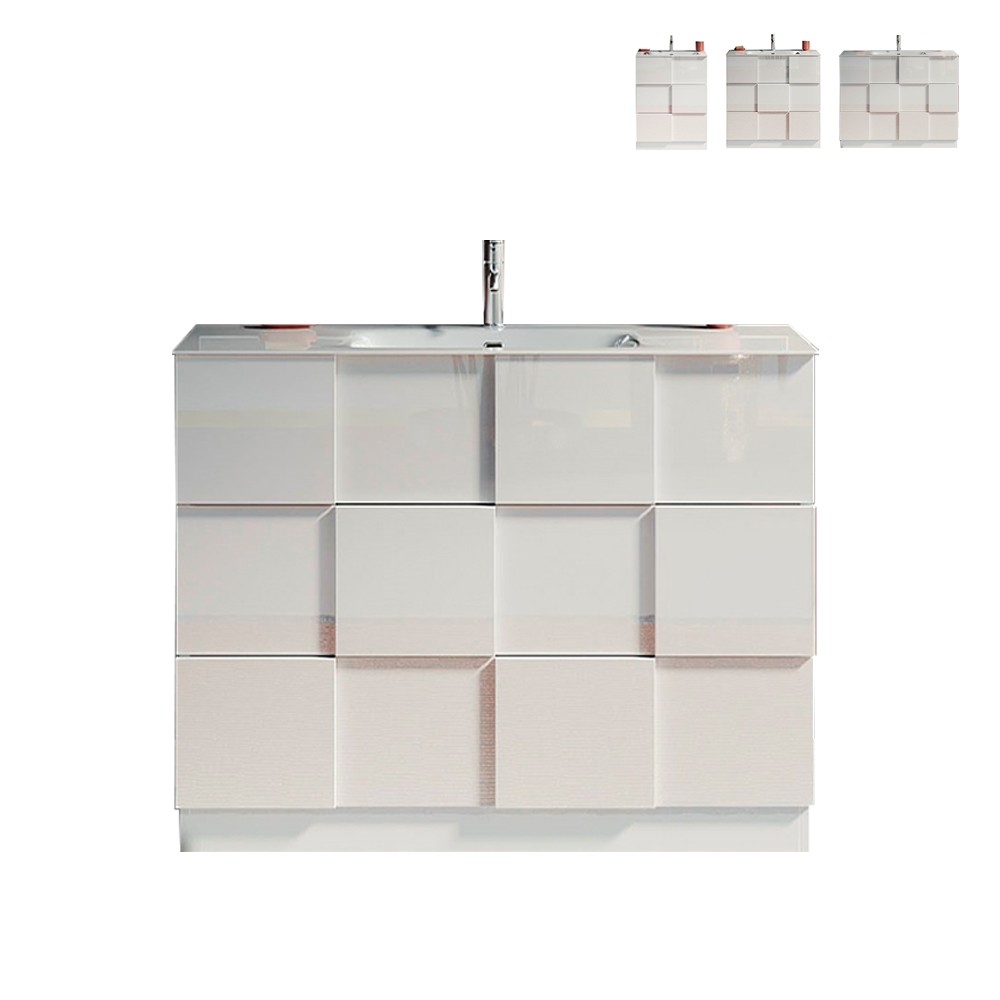 Stehendes Badezimmermöbel mit 3 glänzenden weißen Schubladen und Tetra Dama Waschbecken