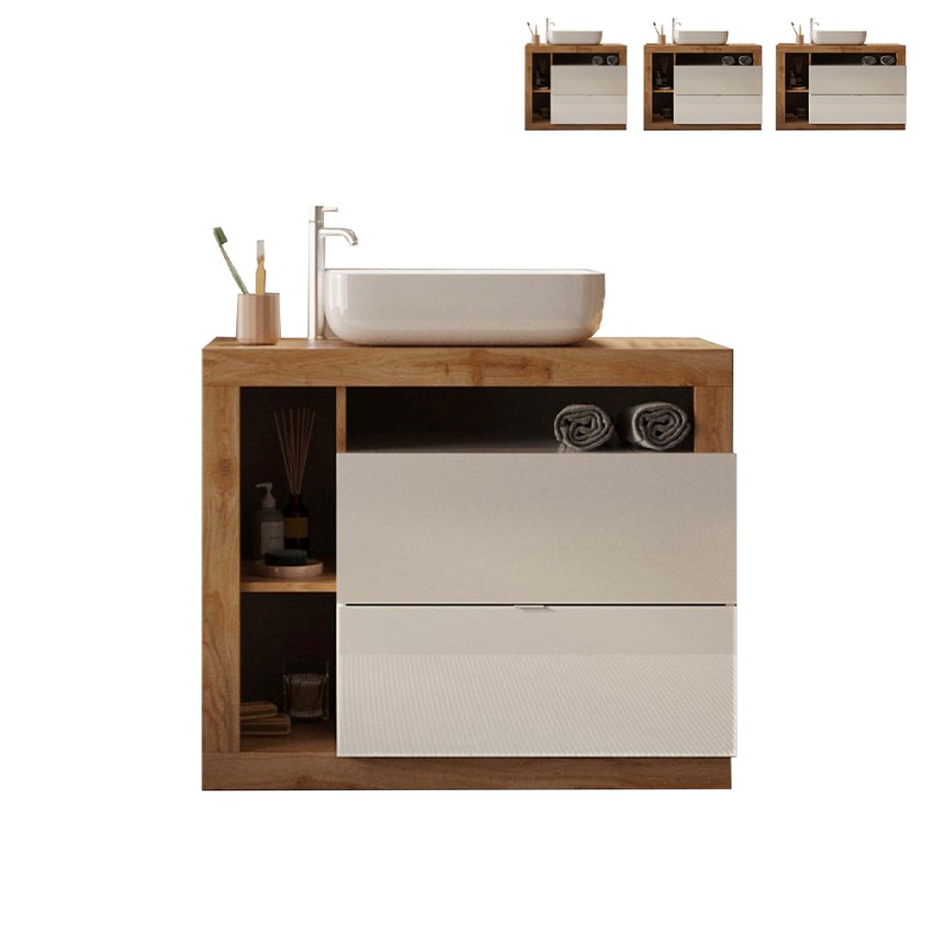Moderner Badezimmer-Unterschrank 2 Schubladen Weißholz mit Waschbecken Jarad BW Angebot Moderner Badezimmer-Unterschrank 2 Schubladen Weißholz mit Waschbecken Jarad BW Angebot