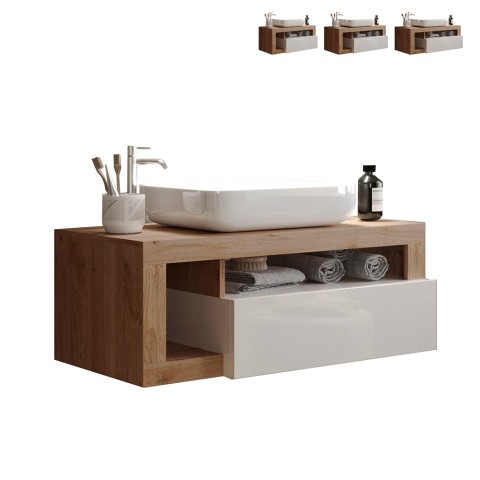 Moderner, schwebender Badezimmerschrank mit Waschbecken, Schublade, weißem Holz Kura BW Aktion