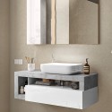 Schwebendes Badezimmermobiliar mit Schubladenwaschbecken in glänzendem weißen-grauen Kura BC. Sales