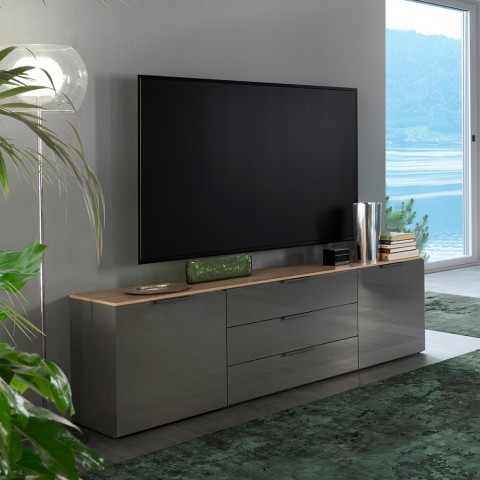Mobiler TV-Unterschrank 200 cm modern, 2 Türen, 3 Schubladen, graue Eiche Galad. Aktion