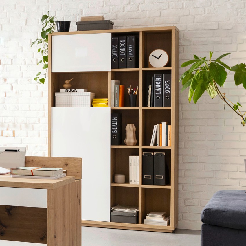 Modernes Wohnzimmer-Bücherregal aus Eichenholz mit 2 glänzend weißen Türen Sharon