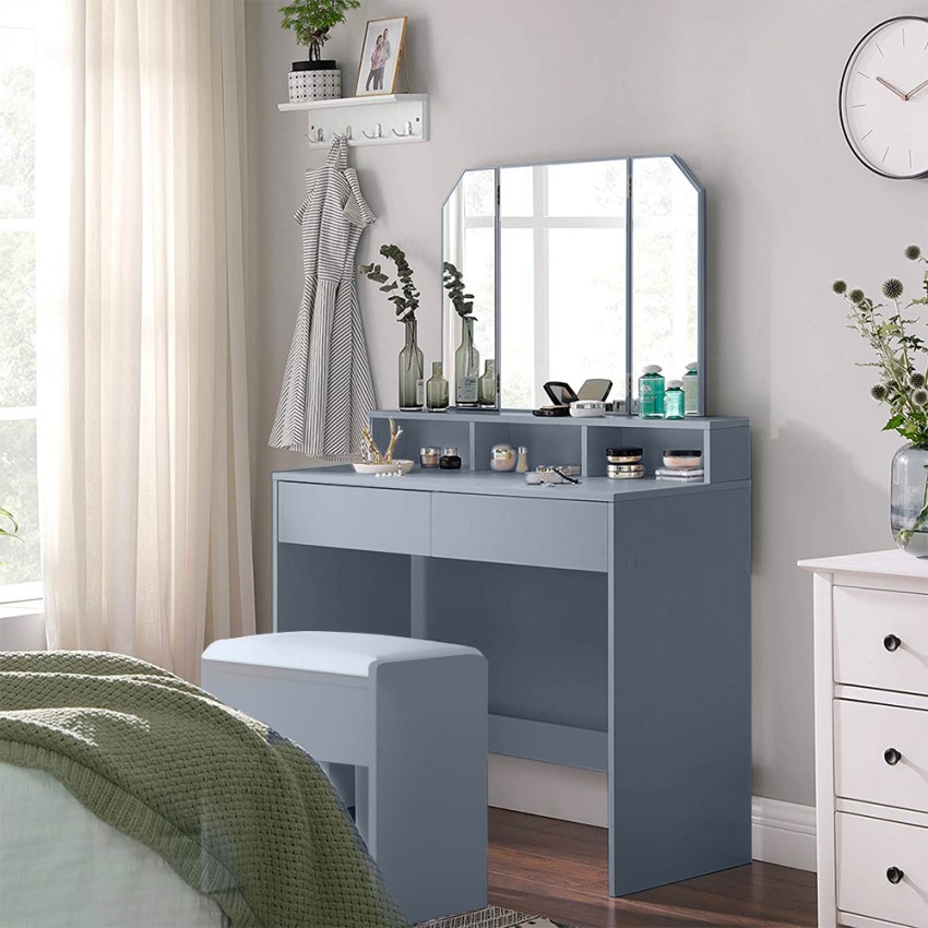 Schminktisch Make Up Spiegel 2 Schubladen Hocker Grau Maggie Grey