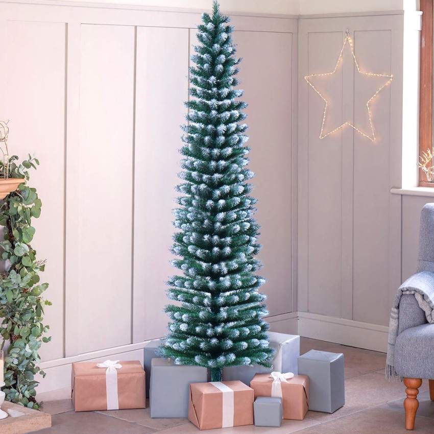 Künstlicher schmaler verschneiter Weihnachtsbaum 210cm platzsparend Kalevala