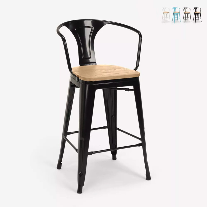 Industrie-Barhocker mit Rückenlehne und Holzplatte h68cm Steel Wood Back Light