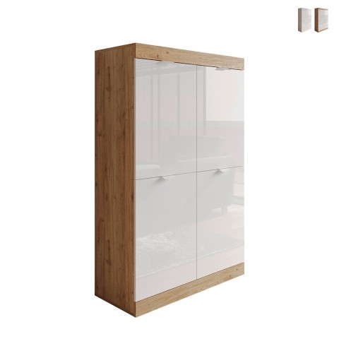 Mobile hoher Schrank mit 4 Türen in glänzendem Weiß und Eichenholz für Küche und Wohnzimmer Curdis Aktion