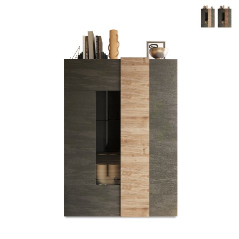 Moderne Vitrine für Wohnzimmer 2 Türen in Holzoptik, Grau, Adalia Aktion