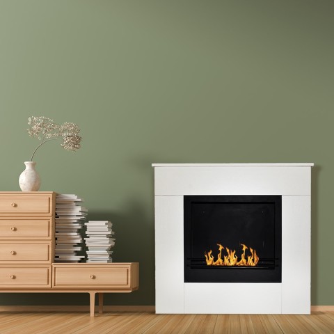 Bioethanol-Kamin freistehend mit Holzrahmen, weiß 96x35x90h Michelangelo Aktion