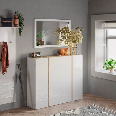 Moderne Schuhschrank 4 Türen weiß Hochglanz Eiche 140x35x111cm Chelsea Aktion