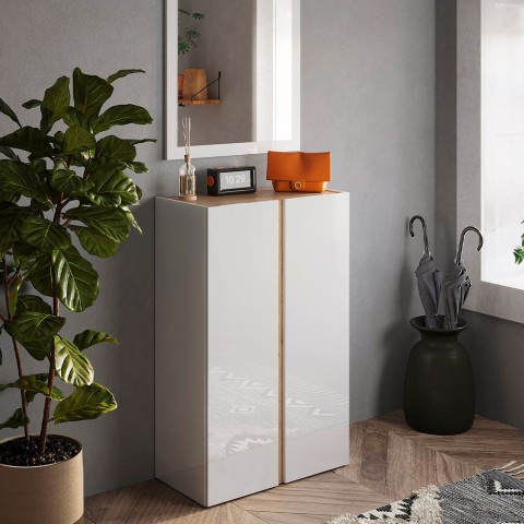 Schuhschrank Indy mit 2 Türen, 70x35x111cm, weiß glänzend Holz Aktion