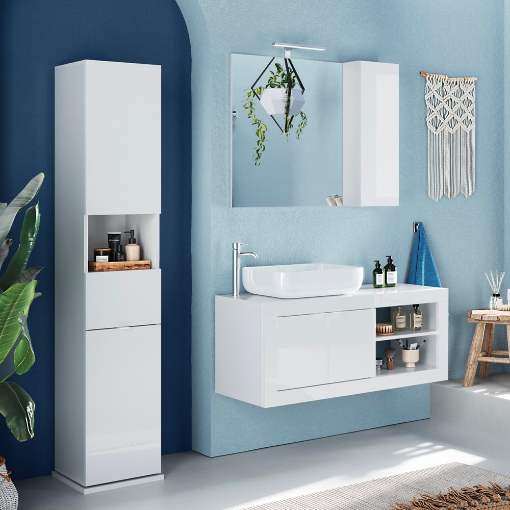 Mobile Badezimmersäule mit drehbarem weißem Spiegel- und Schubladentürchen Tilda
