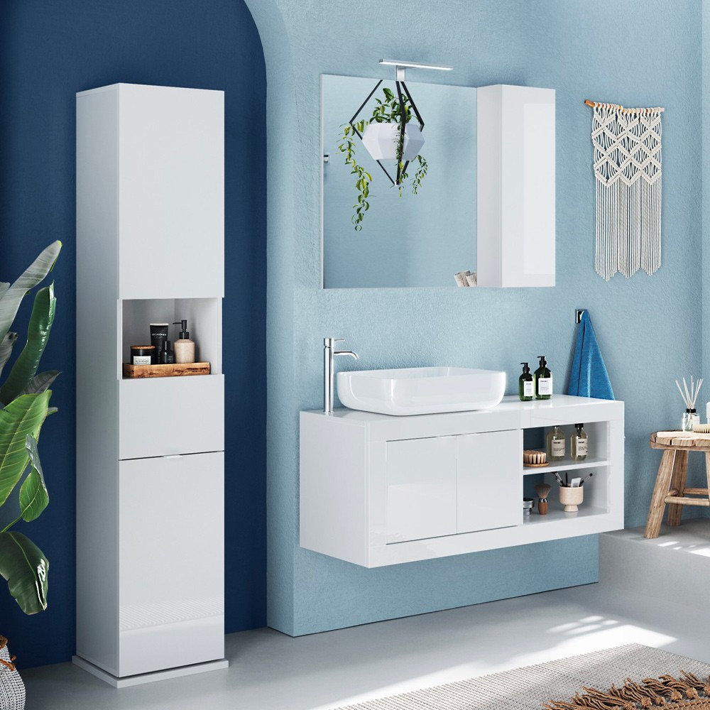 Weißer drehbarer Badhochschrank mit Spiegeltür und Schublade Tilda