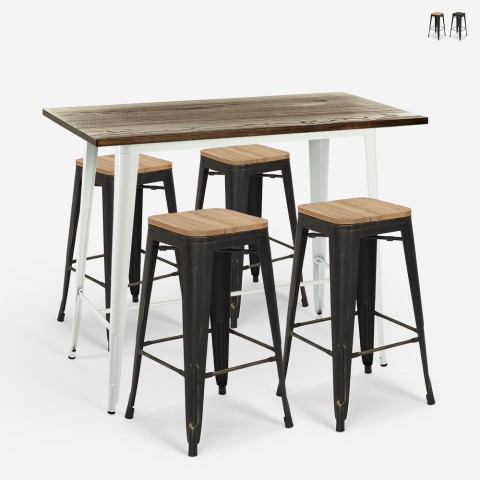 Set hoher Tisch 120x60  weiß 4 Hocker Bar industrieller Stil tolix Navarro  Aktion