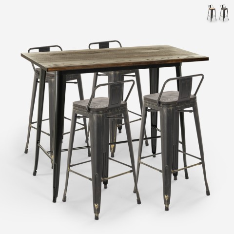 Set hoher Tisch 120x60  4 Hocker Tolix mit Rückenlehne schwarz Bar  Küche Wahoo Aktion