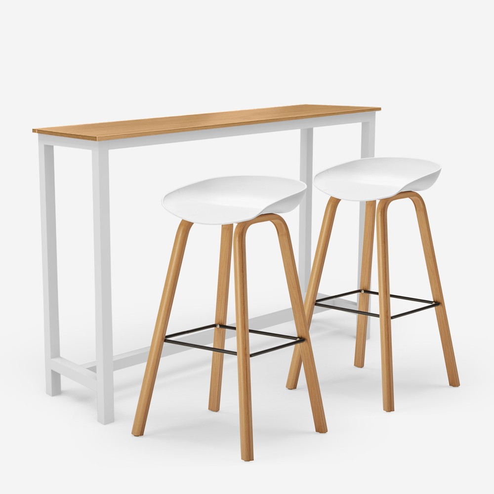Set hoher Tisch 140x40cm 2 Hocker h75cm weiß Bar skandinavisch Holz Vineland