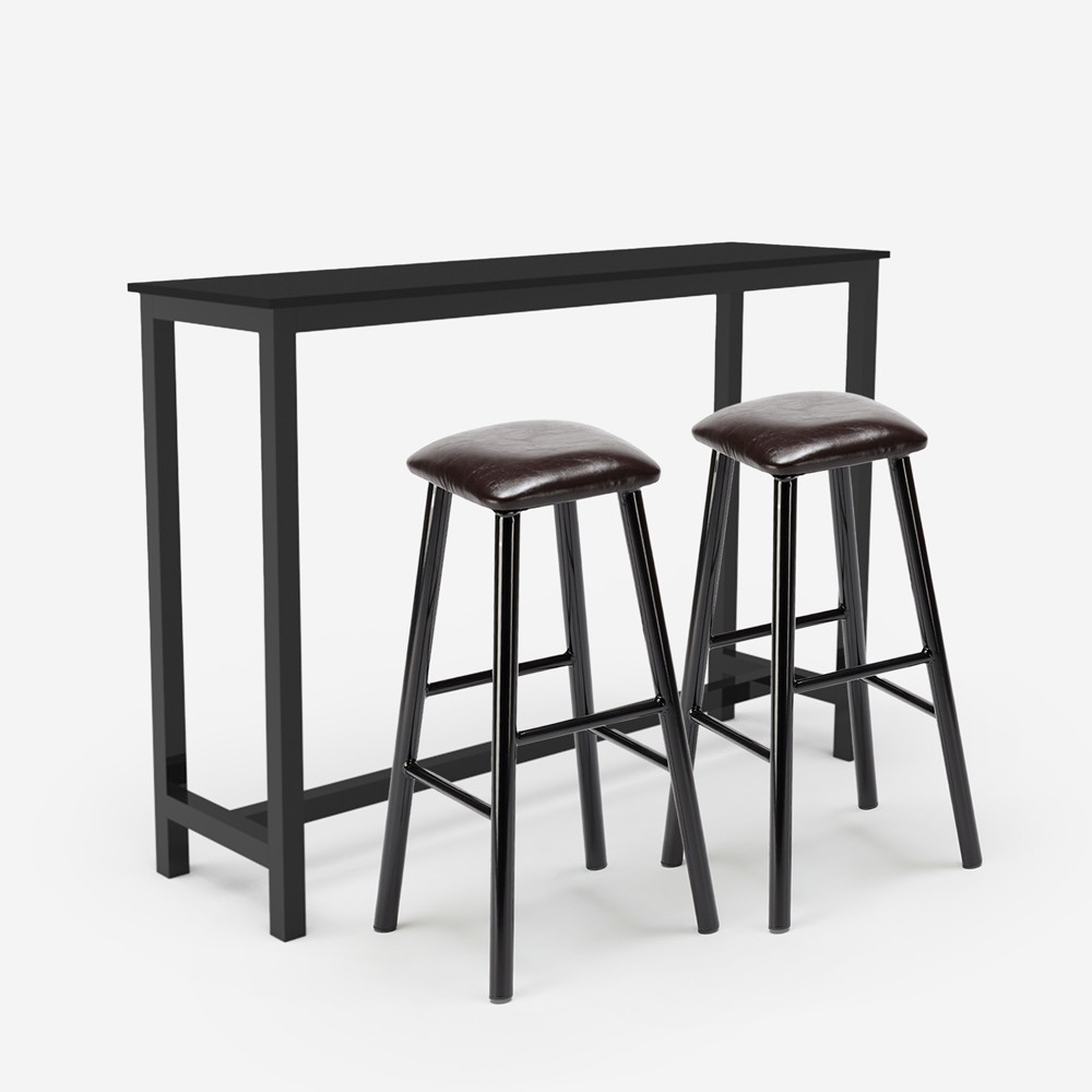Set hoher Tisch 140x40 schwarz 2 gepolsterte Hocker Kunstleder Bar Küche Spickard