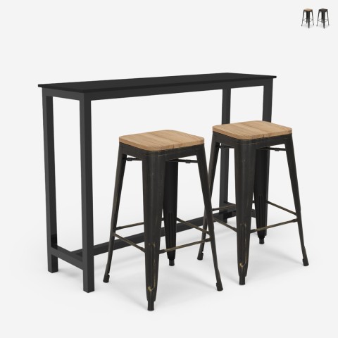 Set hoher Tisch 140x40cm 2 Hocker tolix Holz Metall schwarz Bar Küche Seymour Aktion