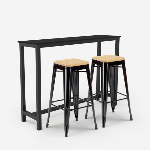 Set hoher Tisch 140x40cm  2 Tolix Hocker schwarz Industrieller Stil Holz Bar Küche Knott Aktion