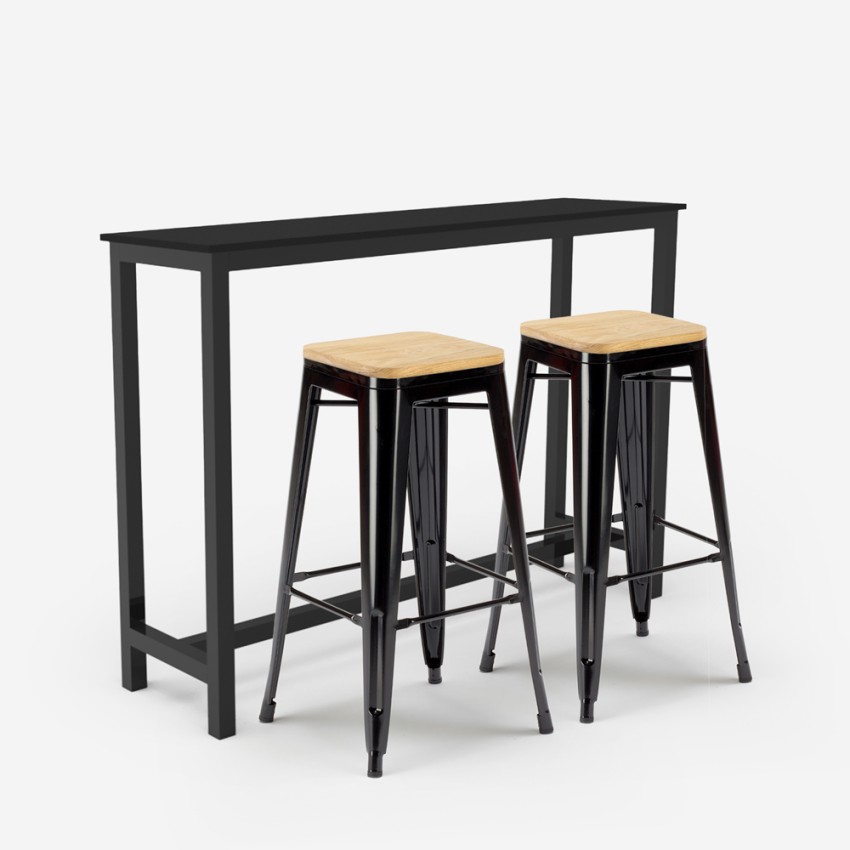 set hoher tisch 140x40cm  2 hocker schwarz industrieller stil holz bar küche knott Aktion