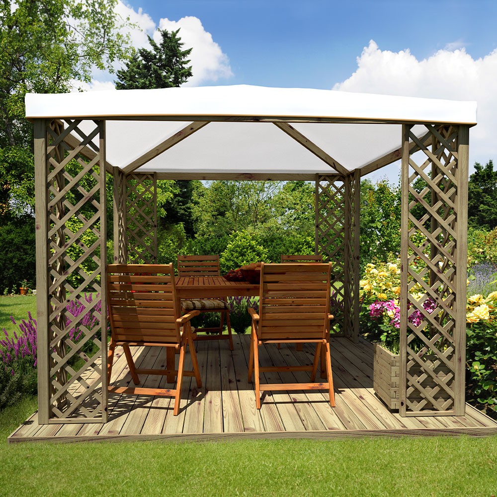 Holz-Gartenpavillon 3x3m weiß PVC-Plane UV-beständig Fox JT40 Pocket